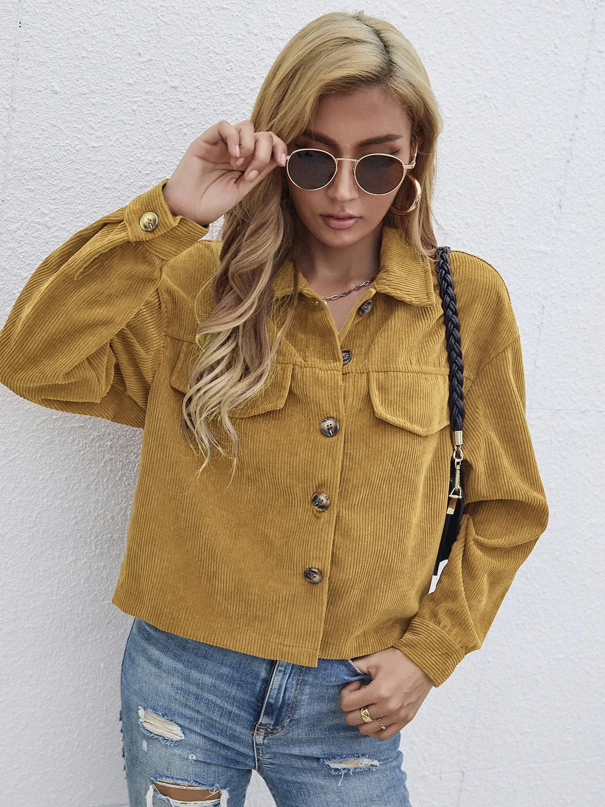 Women's brown corduroy slim coat with long sleeves and street hipster styling