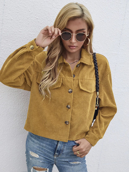 Women's brown corduroy slim coat with long sleeves and street hipster styling