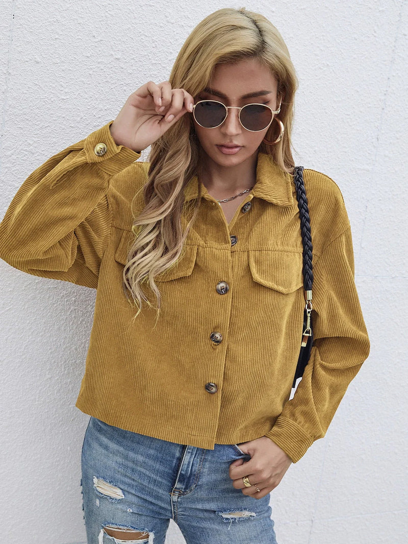 Women's corduroy short slim coat with 100% polyester construction, available in six colours including wine red and apricot, featuring long sleeves and street hipster styling for everyday wear