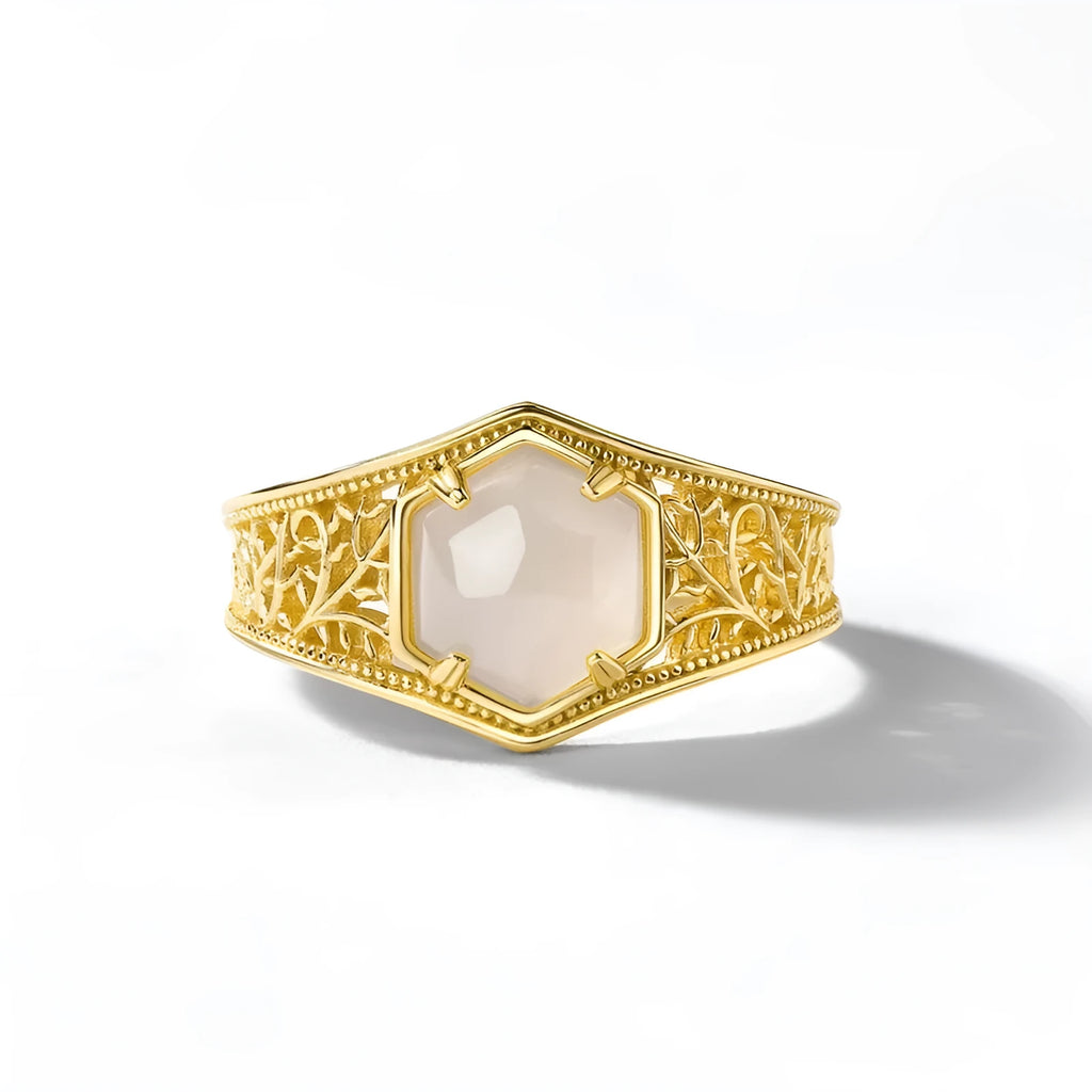 Retro geometric hexagon Hetian jade ring with 10k gold swimming paint finish on silver band, adjustable opening for women