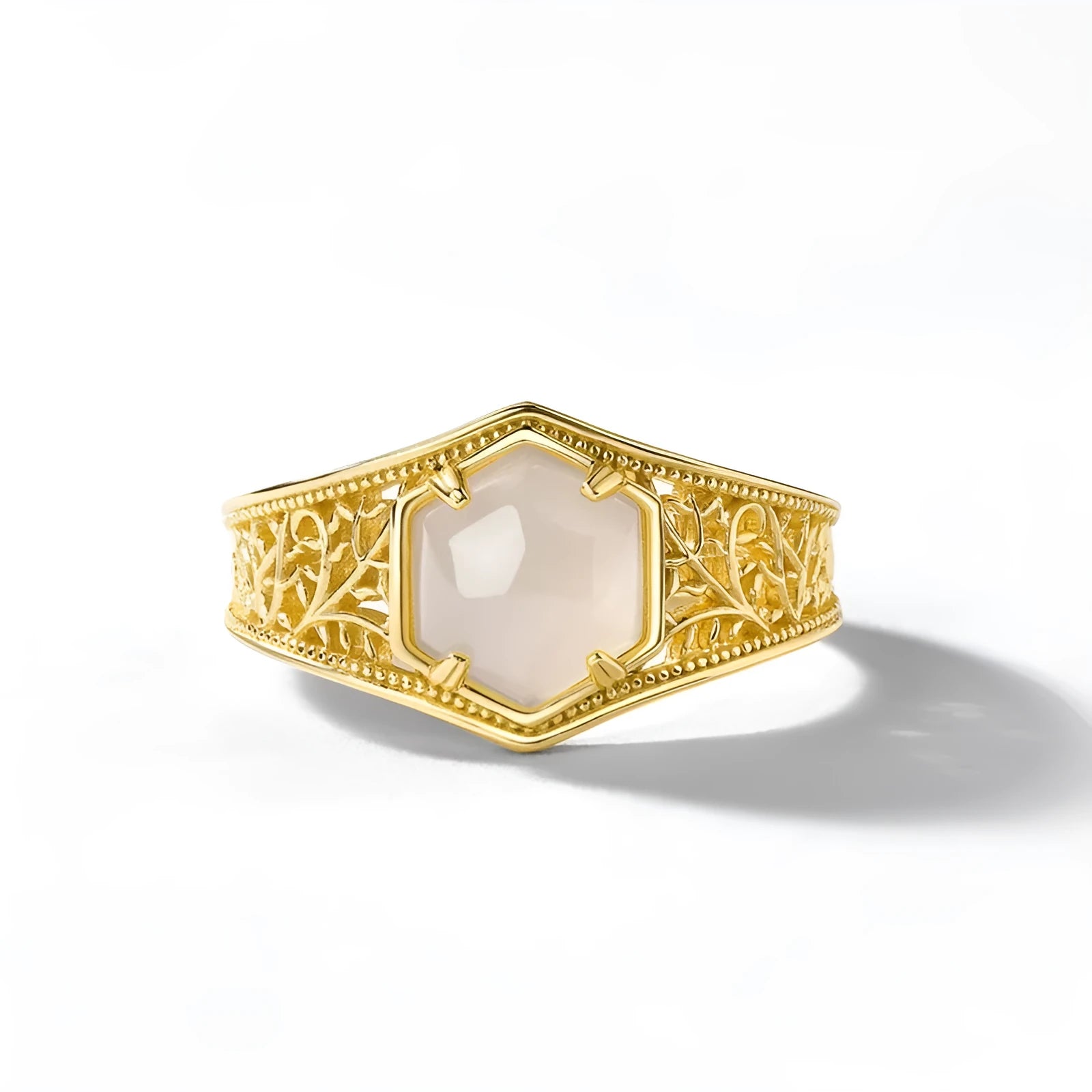 Retro geometric hexagon Hetian jade ring with 10k gold swimming paint finish on silver band, adjustable opening for women