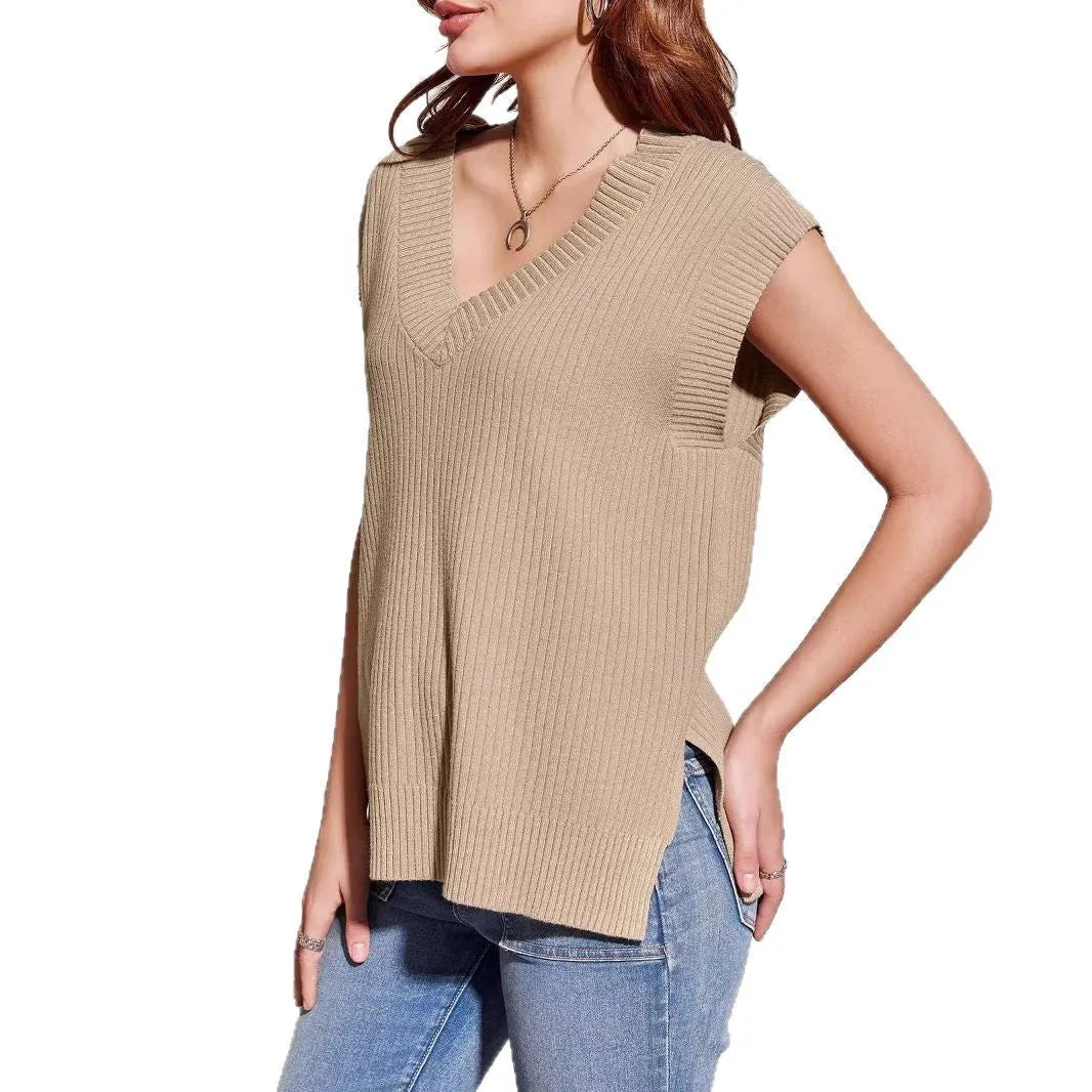 Camel colour V-neck sleeveless loose fit vest with stripe pattern on a hanger