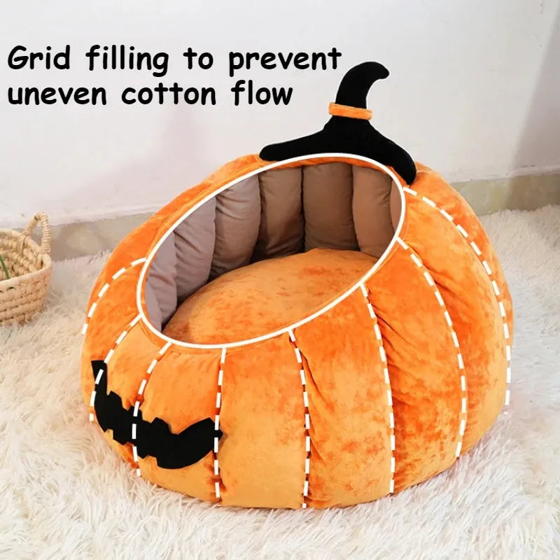 Halloween pumpkin cat bed with cartoon devil design in plush fabric for cats and small dogs