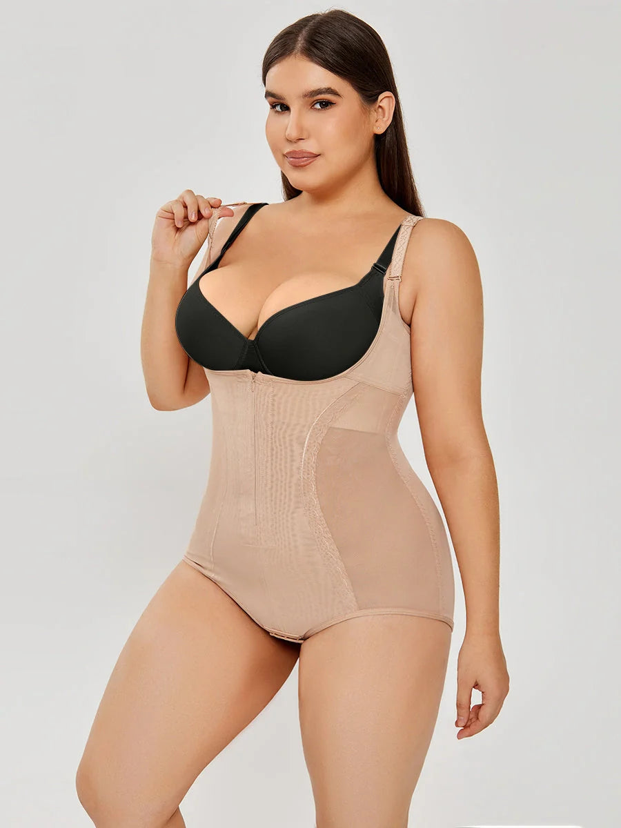 Women's shapewear bodysuit for tummy control and slimming effect in black and apricot