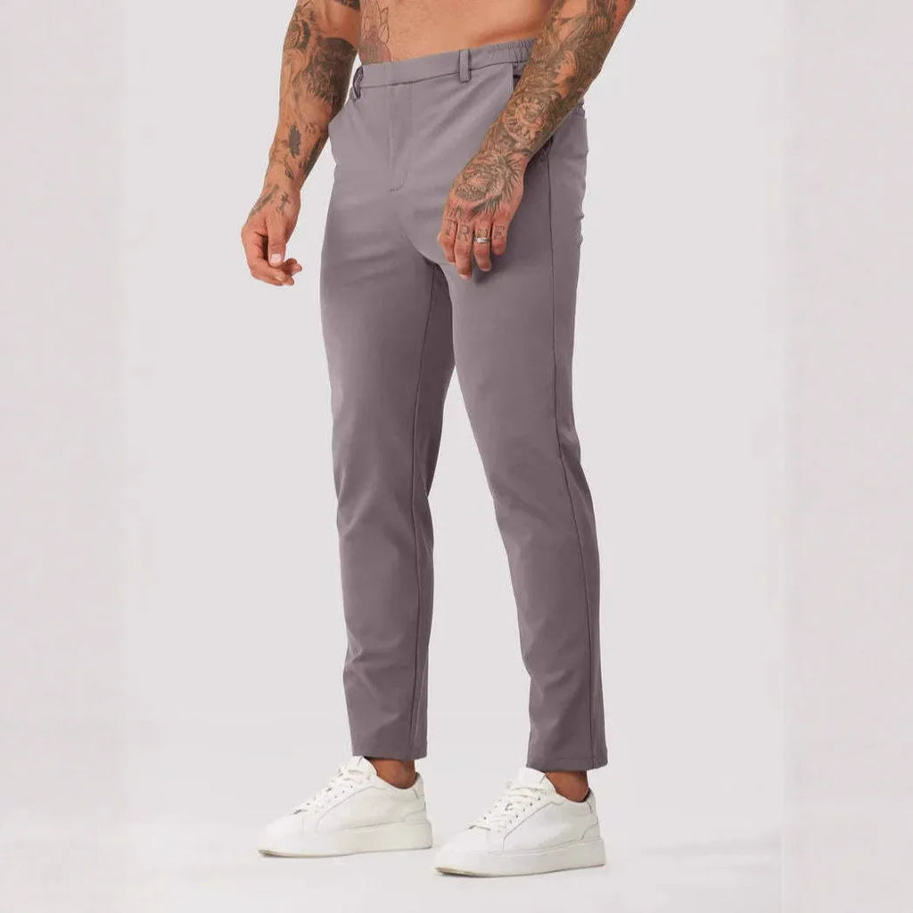 Men's solid colour casual suit trousers in grey, mid waist straight leg with button fly