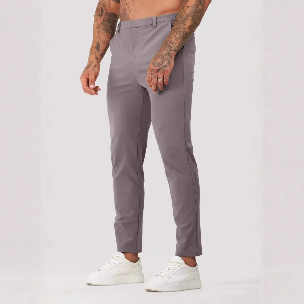 Men's solid colour casual suit trousers in grey, mid waist straight leg with button fly