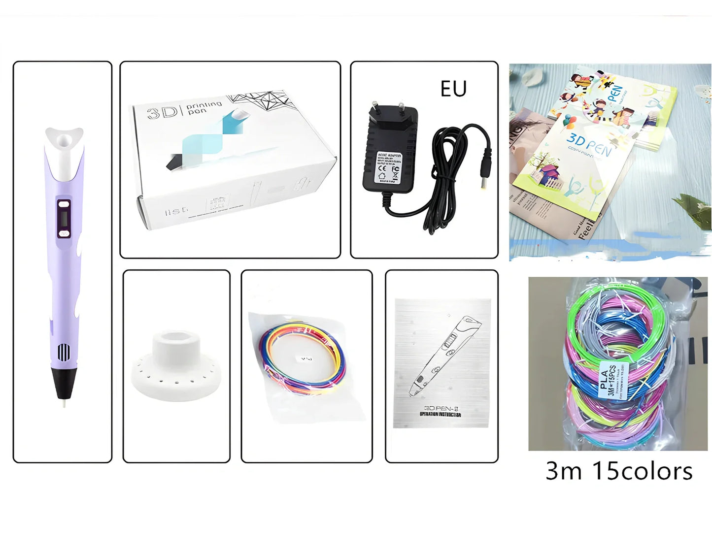 Yellow Children's 3D Printing Pen with USB, base, and 3m 3-colour consumables for three-dimensional drawing