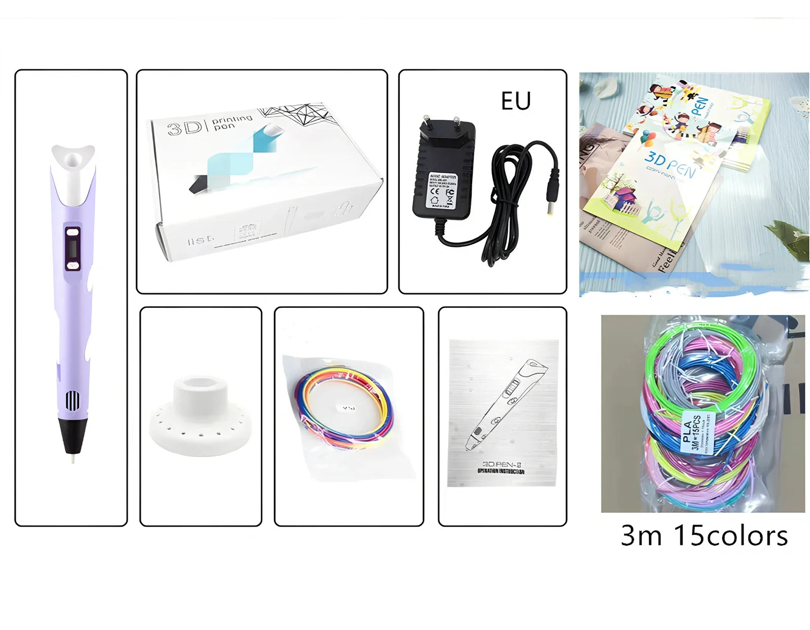 Yellow Children's 3D Printing Pen with USB, base, and 3m 3-colour consumables for three-dimensional drawing