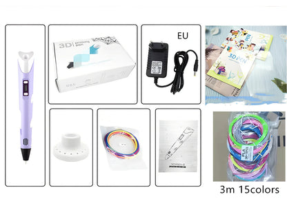 Yellow Children's 3D Printing Pen with USB, base, and 3m 3-colour consumables for three-dimensional drawing