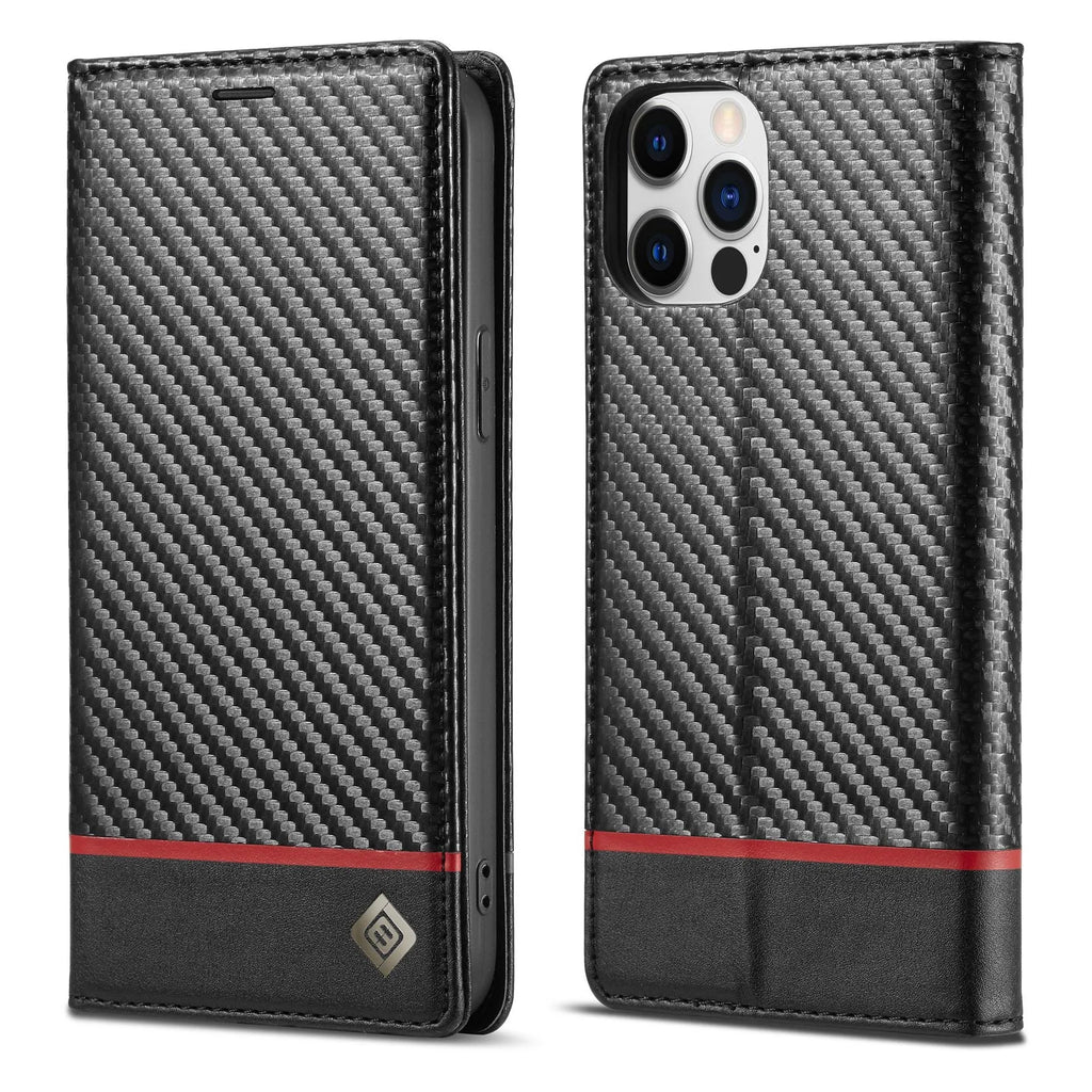 Leather carbon fiber magnetic flip phone case for iPhone 15 in horizontal colour, handmade PU TPU protective cover