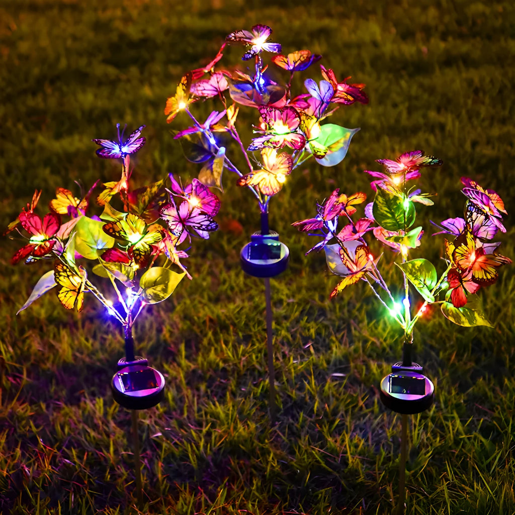 Solar butterfly LED courtyard light as a lawn lamp with IP65 protection, available in four colour options