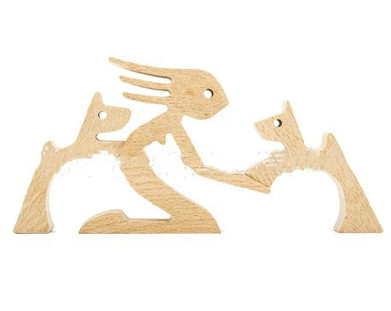 Handcrafted wooden dog sculpture featuring a man and his loyal canine companion