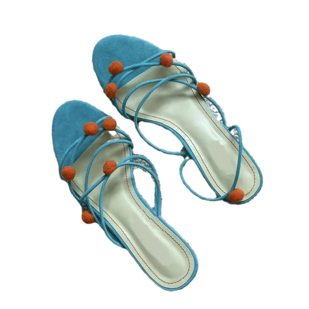 Cyan French genuine leather lace-up high-heeled sandals with niche ball detail and open toe