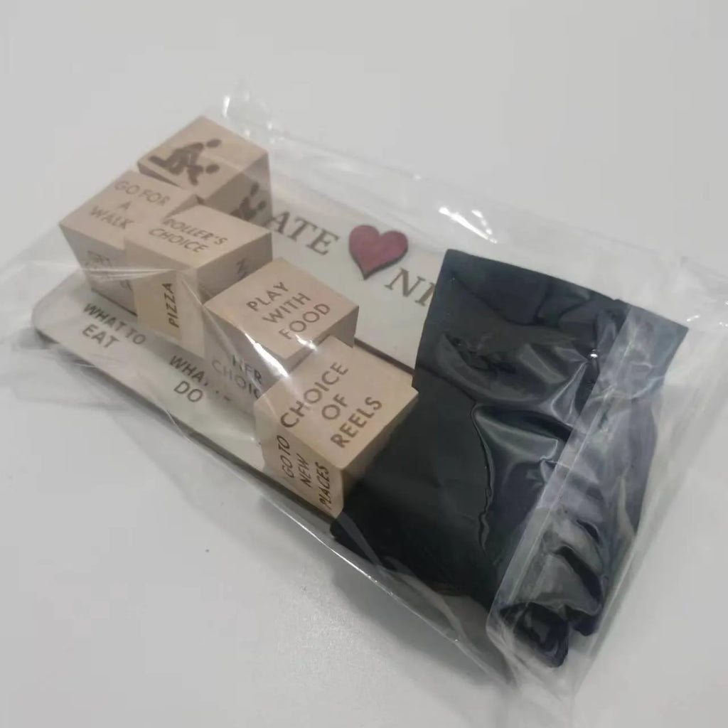 Wooden date night dice game set showing five dice, a rectangular wooden board, and a black fabric storage bag.