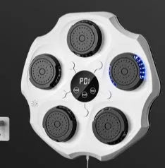 Black Bluetooth music-responsive boxing wall target mounted on a wall with boxing gloves.