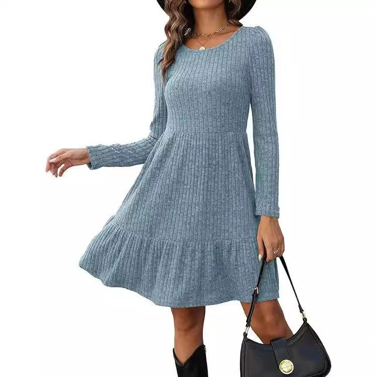 Solid colour round neck knitted dress sweater with long sleeves in various colours
