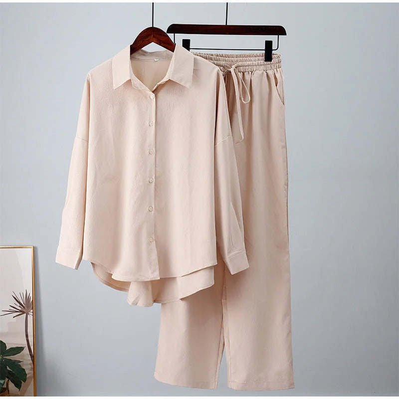 Solid colour long sleeve blouse and pants set in European and American Ins style