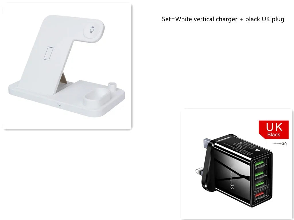 Black 4-in-1 wireless charging station showing phone on adjustable stand, with Apple Watch and AirPods charging on the base.