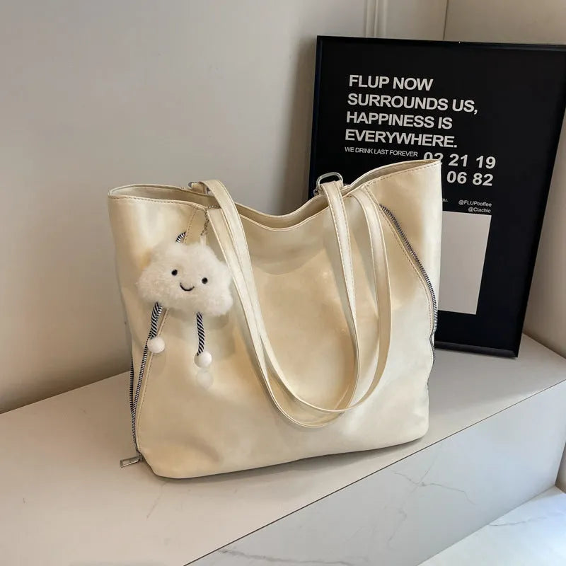 Women's large capacity PU oil leather tote bag with double zipper and sewing thread detail in four colour options