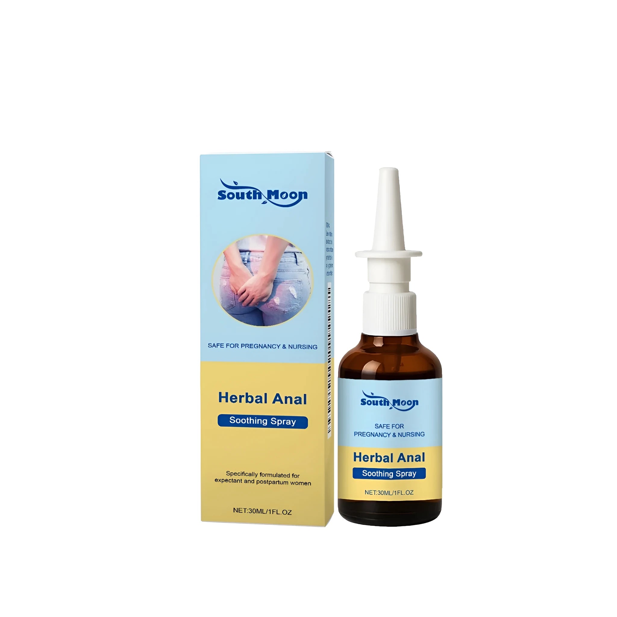 30ml bottle of female perianal soothing spray with menthol, witch hazel, honeysuckle, and aloe leaves.