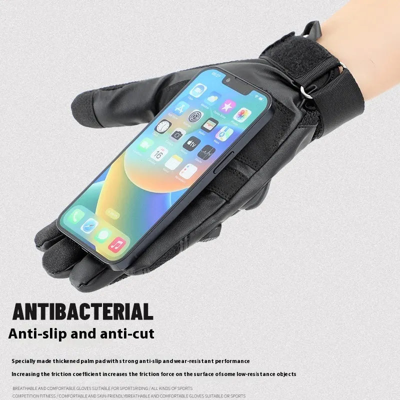 Men's black tactical training gloves with full finger design and touch screen-compatible fabric on a solid background.