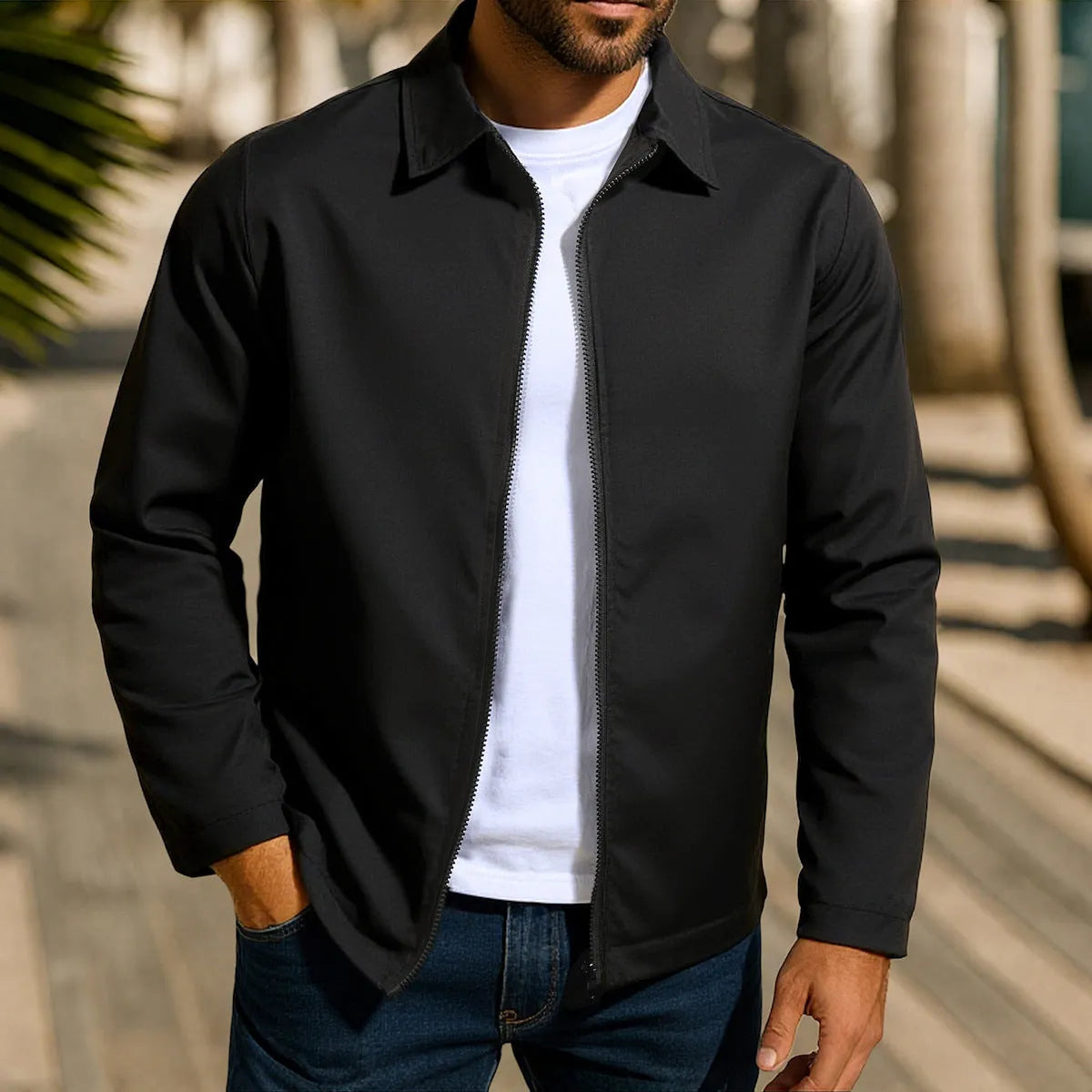 Men's zip-up cardigan jacket with raglan sleeves in polyester blend fabric