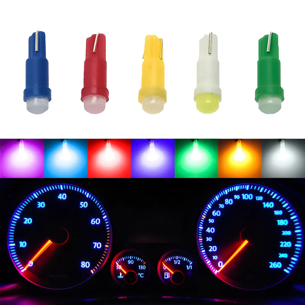 T5 wedge base LED car instrument bulb with plastic housing showing colour options.