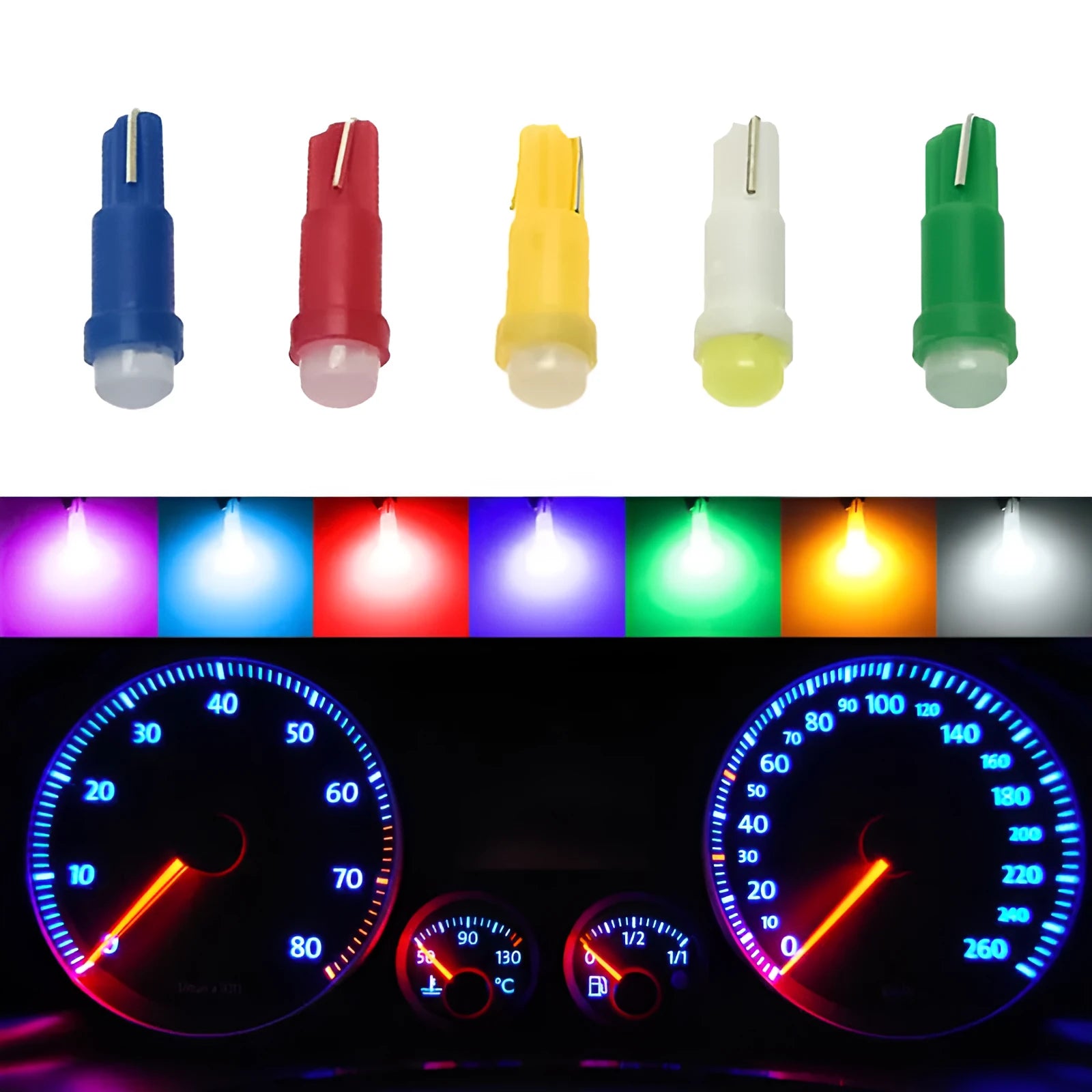 T5 wedge base LED car instrument bulb with plastic housing showing colour options.