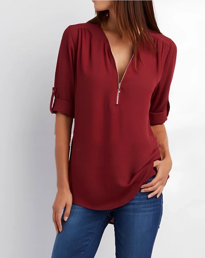 Women's pink zip V-neck short sleeve loose shirt, bust 96cm size S, Dacron fabric in multiple colours