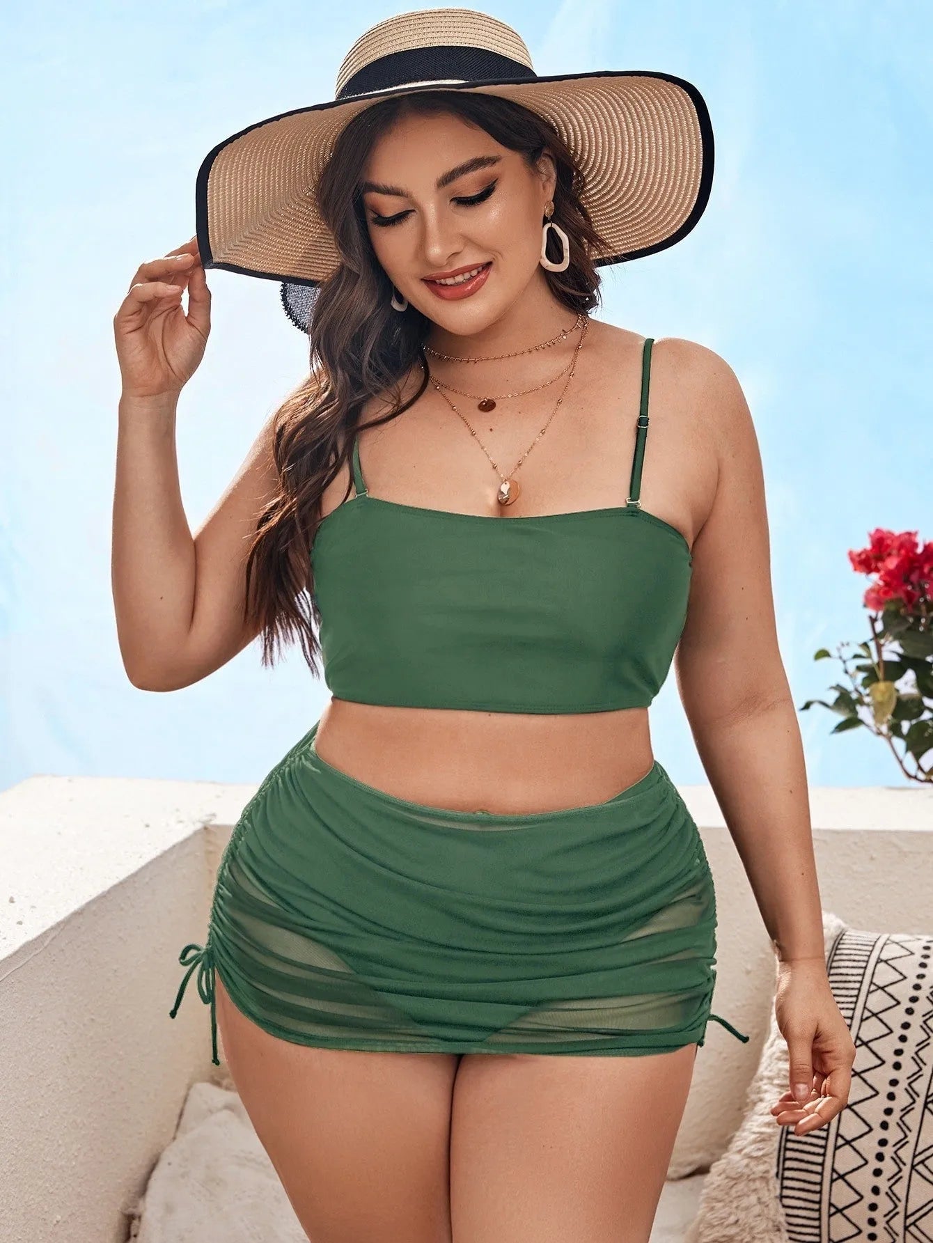Women's pure colour mesh bikini three-piece set showing top, underwear, and apron accessory.