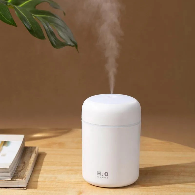 Pink USB desktop humidifier with colourful lights and 300ml water tank