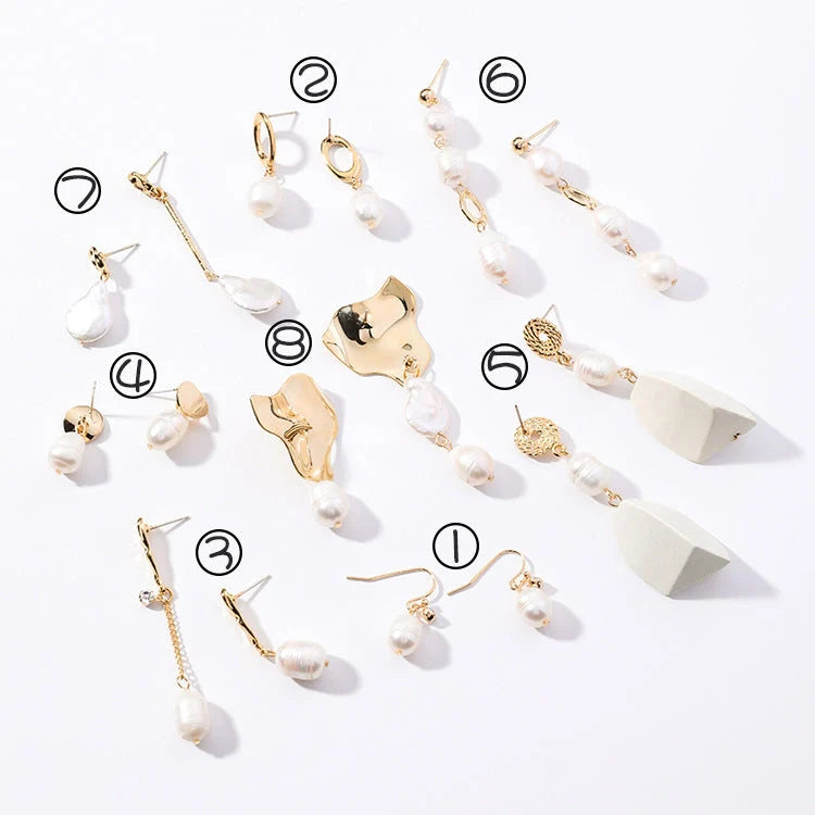 Vintage geometric pearl asymmetric earrings with 925 silver hooks, perfect for adding elegance to any outfit.