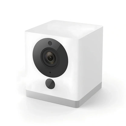 White wireless smart home camera with 1920x1080 resolution, 3.6 mm lens, and motion alarm for indoor security
