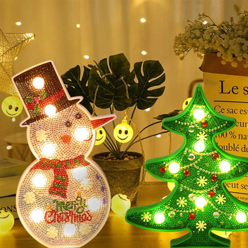 Hand-painted DIY LED snowman and Christmas tree decorative lamp with glitter resin finish