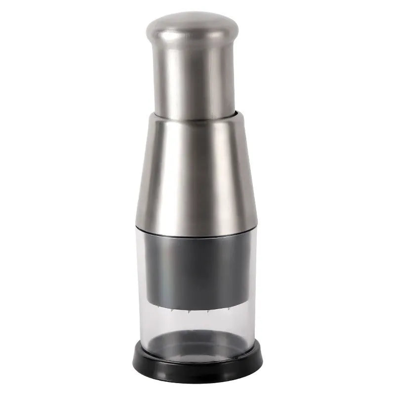 Black manual garlic crusher and onion chopper with stainless steel blades on kitchen counter