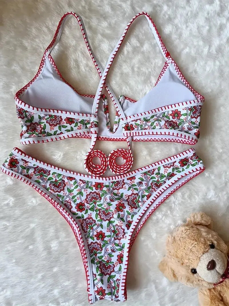 Women's floral print V-neck swimsuit with embroidery detail