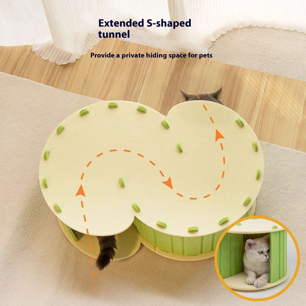 Foldable semi-closed felt cat scratch board nest in camel colour, 58x40x24 cm, on a light background