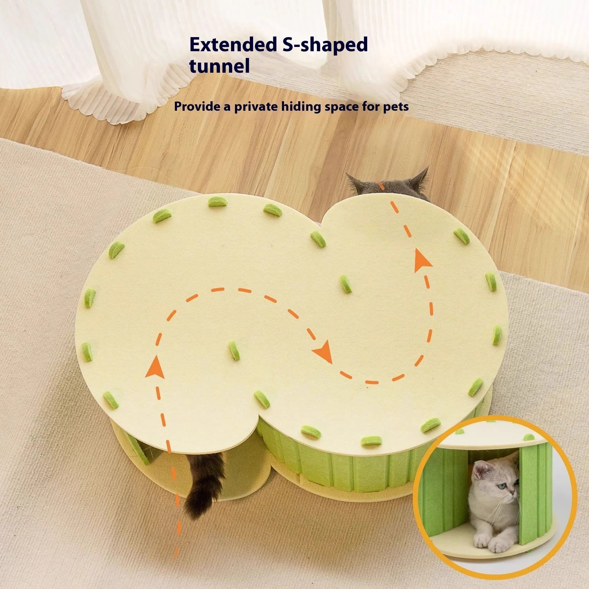 Foldable semi-closed felt cat scratch board nest in camel colour, 58x40x24 cm, on a light background