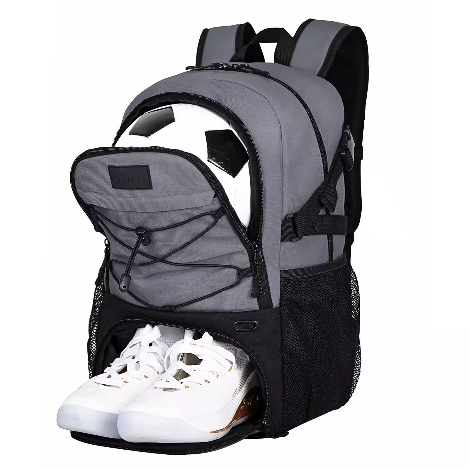 Oxford cloth basketball training backpack in black, showing 25-35L capacity for shoe storage