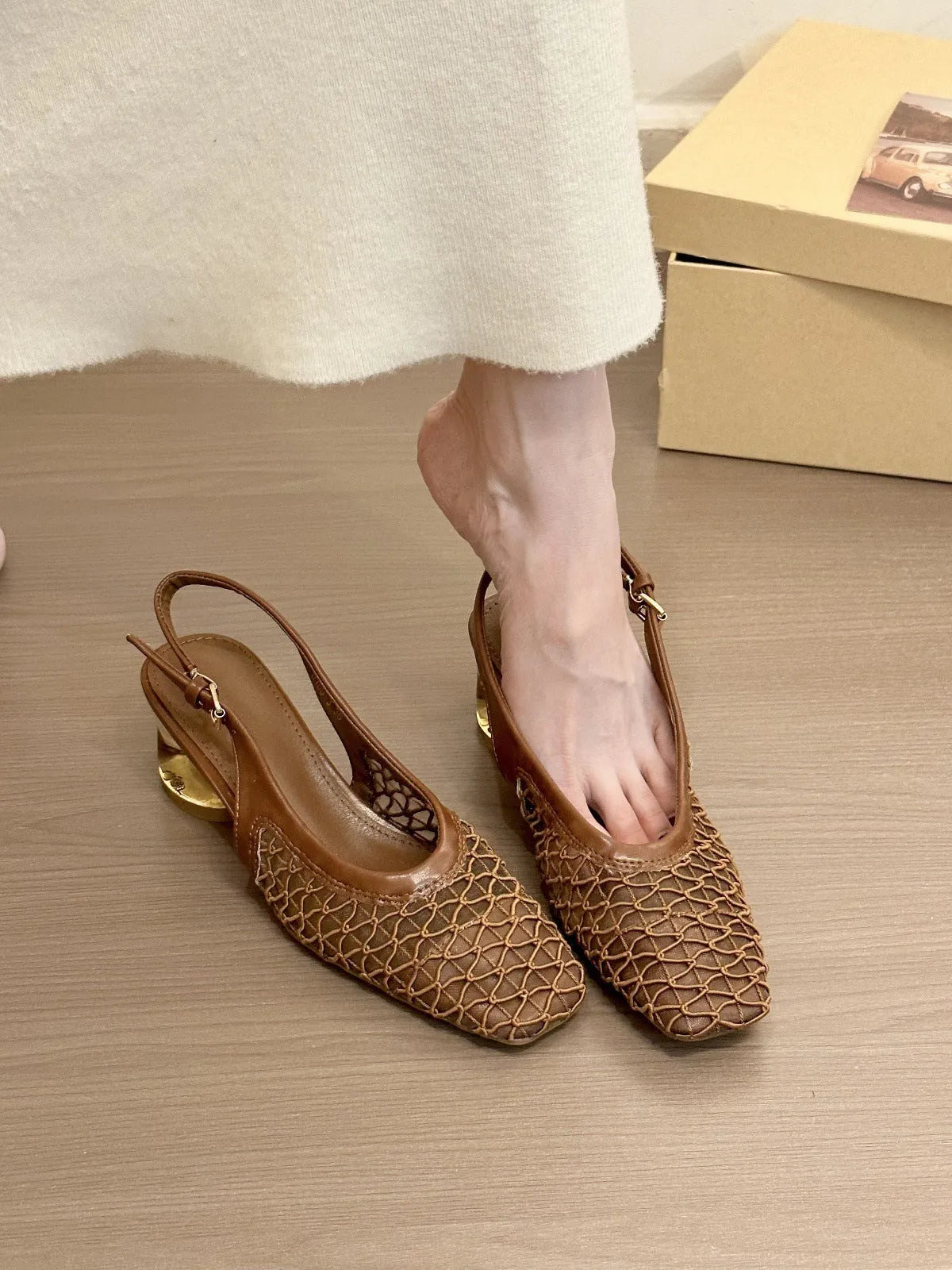 Women's square toe slingback sandals with woven detail in apricot colour
