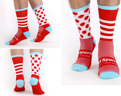 Pair of black powder compression cycling socks in size L, featuring stripe mesh pattern, 40-45cm long tube for breathable four-season support