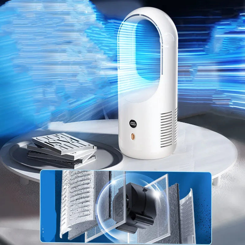 A compact white bladeless desk fan with an LED display, showing its dimensions and safe, blade-free air outlet.