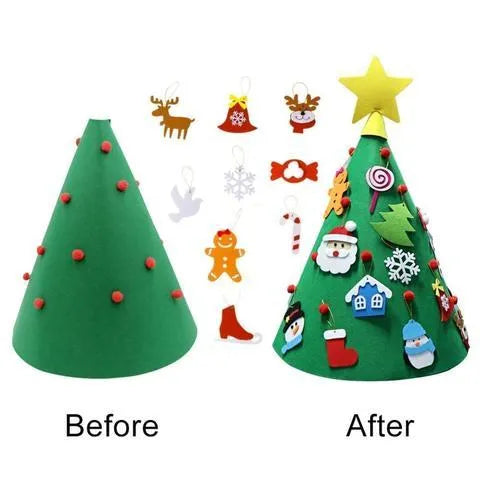 Felt Christmas tree three-dimensional DIY puzzle kit with cone base and felt balls on a surface