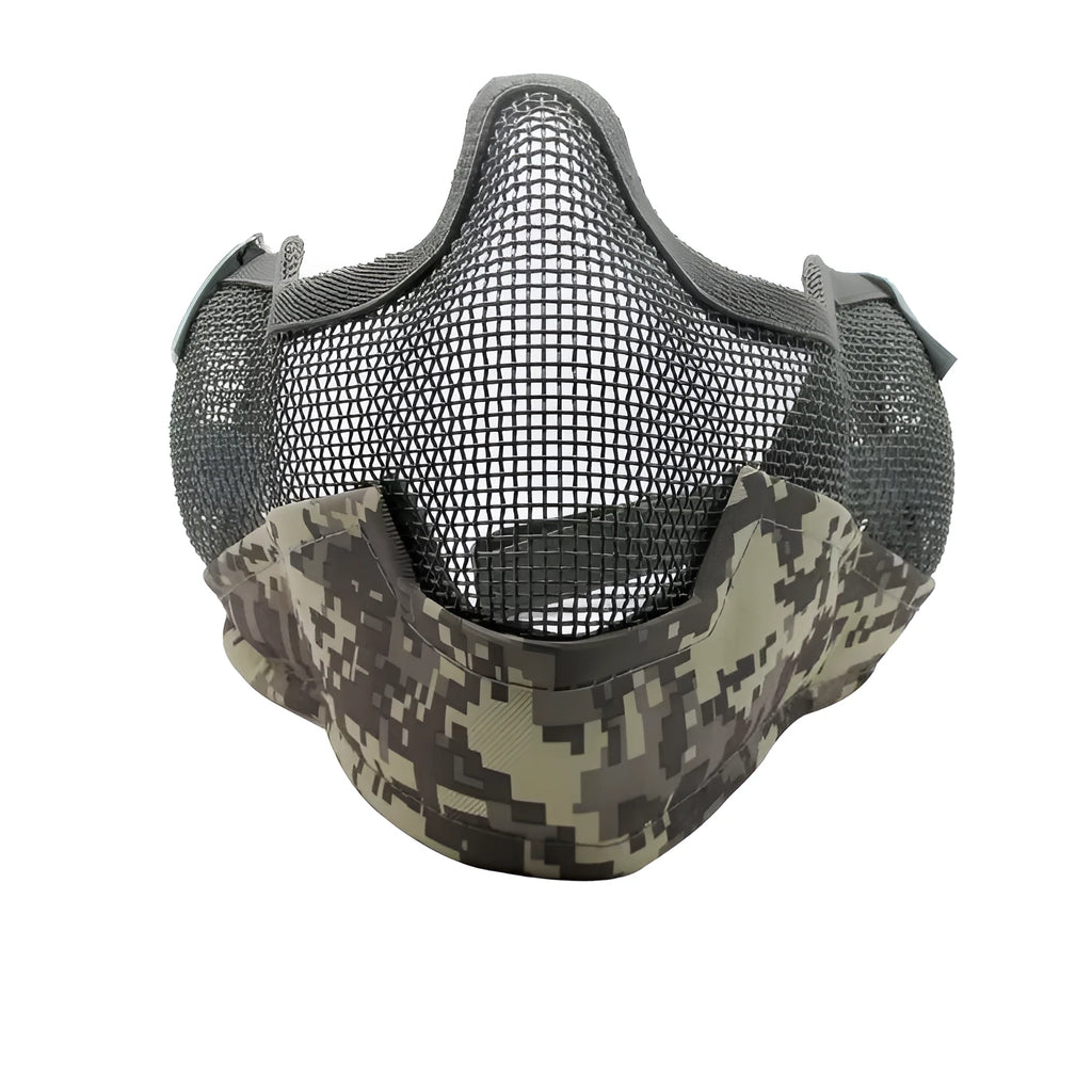 Carbon steel net protective face mask with head-mounted straps in a camouflage pattern.