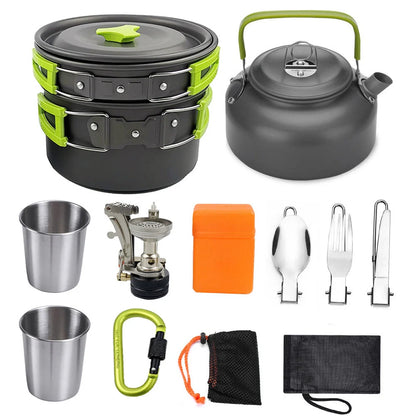 Aluminum camping cookware set with pots, pans, and utensils for outdoor cooking