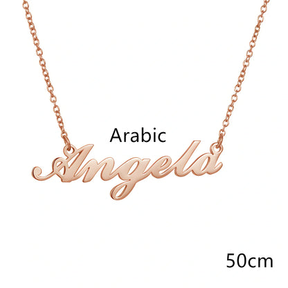 Custom name pendant necklace in titanium steel with 925 silver plating, rose gold chain 45cm length