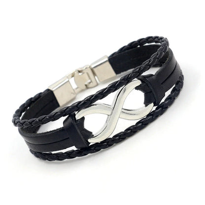 Alloy lucky figure 8 leather bracelet with adjustable leather strap and stainless steel accents