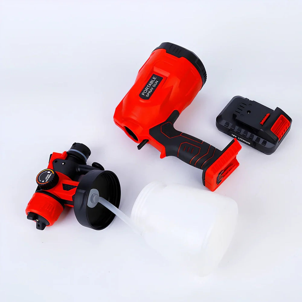 Red cordless paint sprayer gun with 800ml reservoir, 550W motor, 1.8mm nozzle for 300mm spraying distance