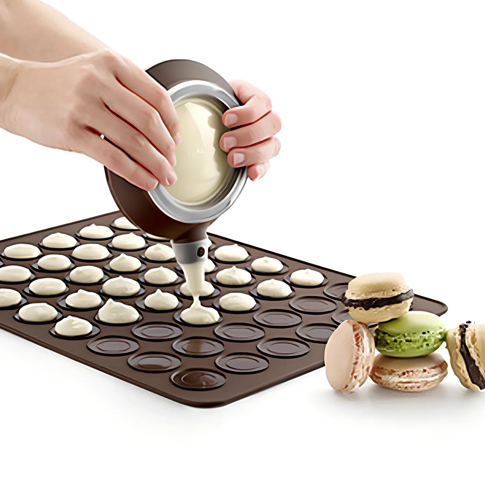 Brown silicone baking mat 29.5 cm x 21.5 cm with 2.3 cm and 3.7 cm circles for non-stick oven baking