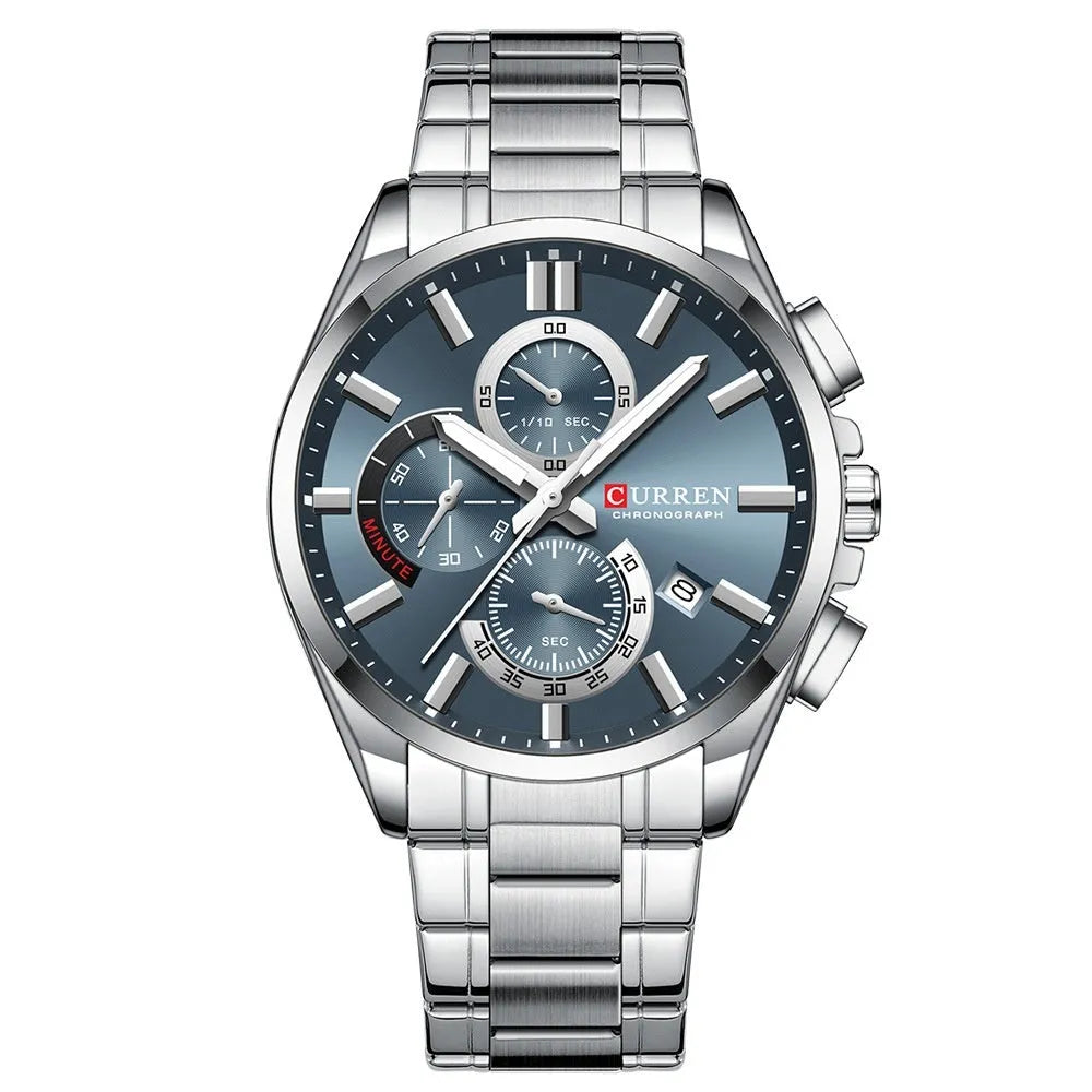 Men's stainless steel strap watch with black dial, alloy case, single folding buckle, six-pin timing, waterproof